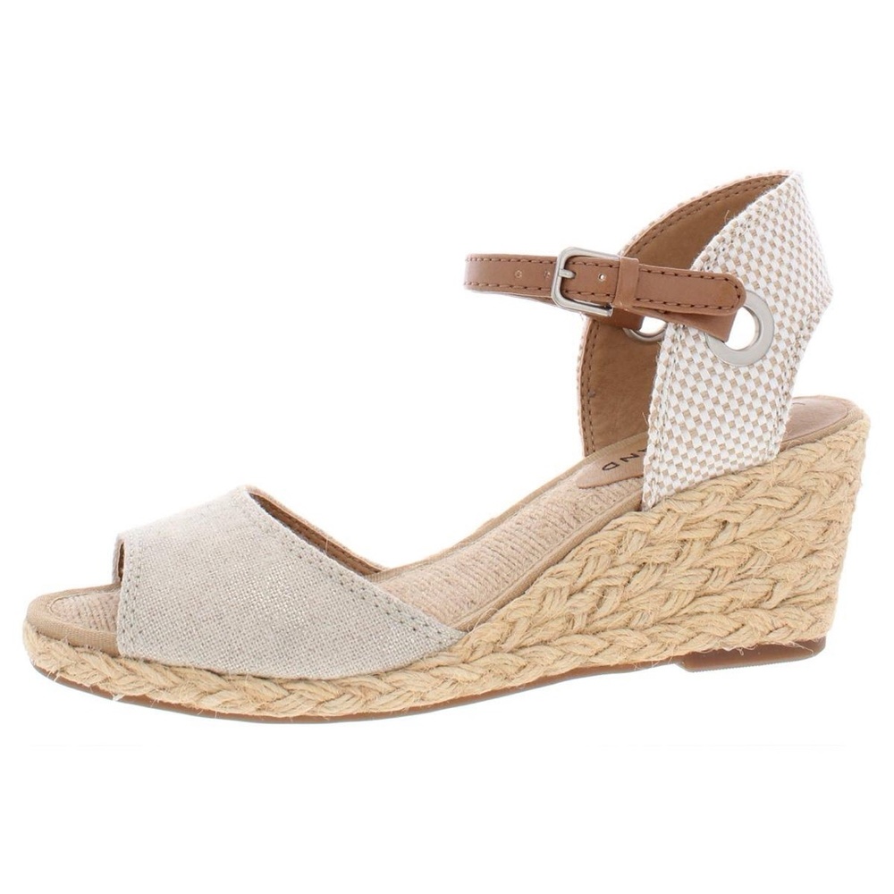 Lucky Brand Beige Canvas and Tan Ankle-Strap Wedge Sandals